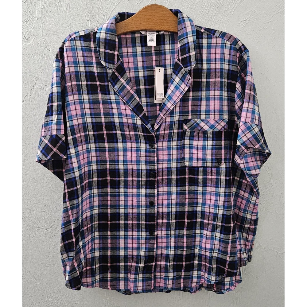 NEW*Victoria's Secret‎ Short Sleeve Cotton Blend Plaid Size Large Pajama Top PJ